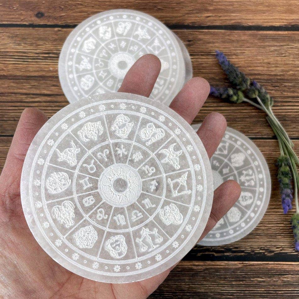 Crystal Selenite Charging Plate with Engraved Zodiac Signs