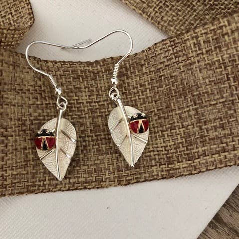 Ladybug on Leaf Earrings / Drop Wire on CARD Jewelry