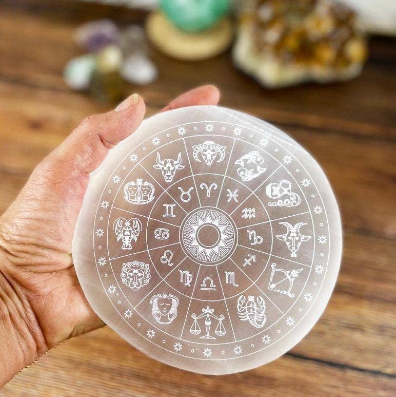 Crystal Selenite Charging Plate with Engraved Zodiac Signs
