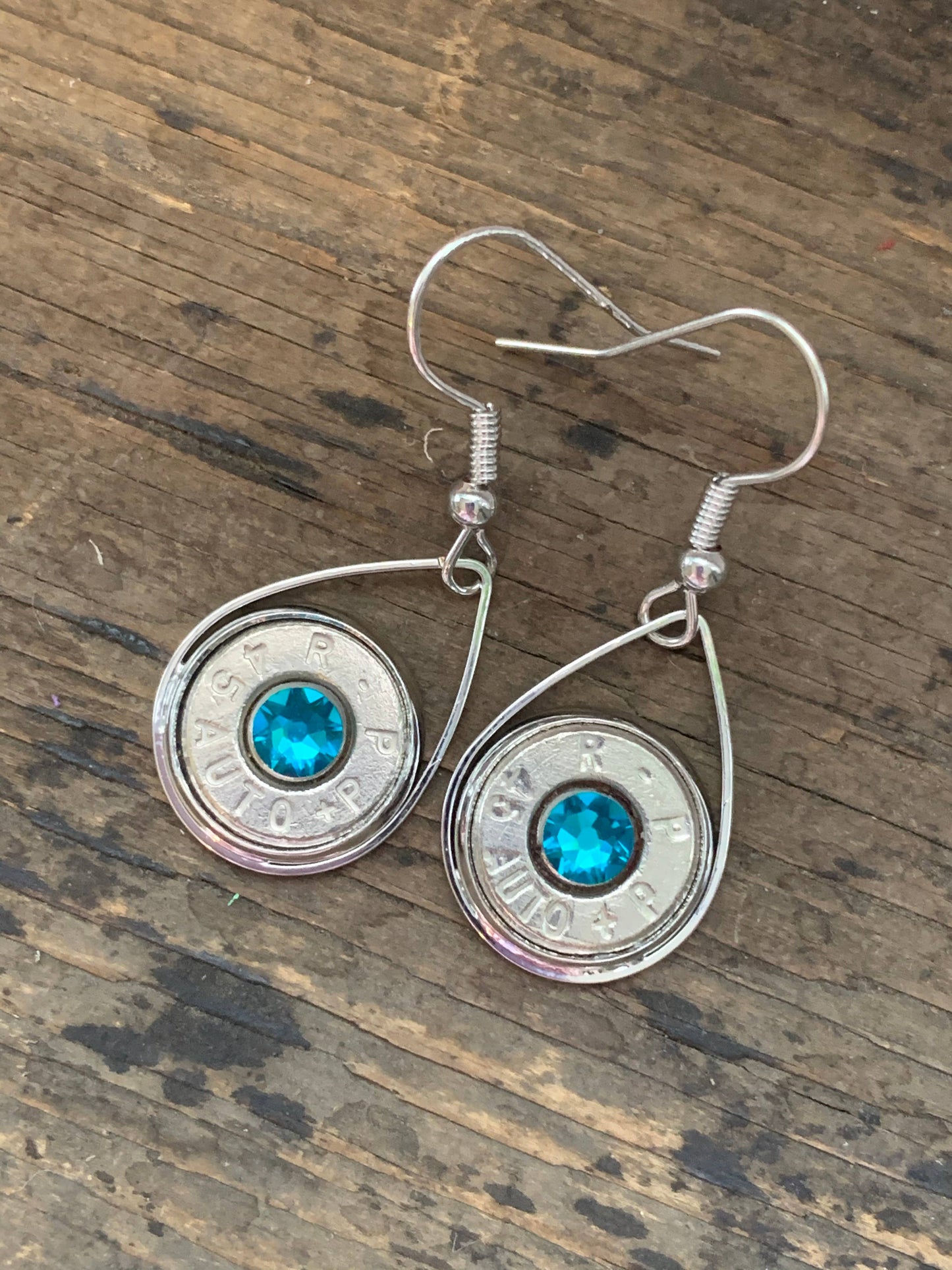 Silver Teardrop 45 Auto Teal Blue Bullet Earrings