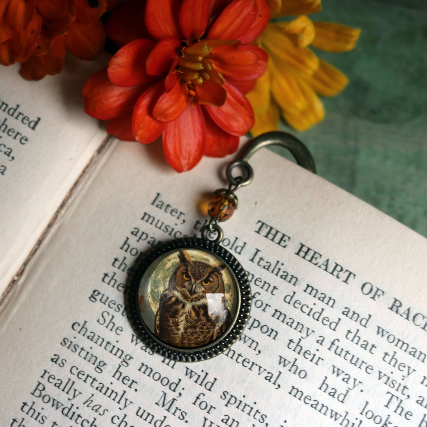Victorian Owl Bronze and Glass Cabochon Bookmark