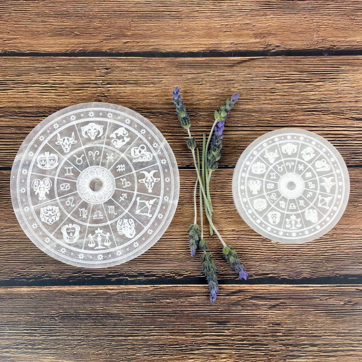 Crystal Selenite Charging Plate with Engraved Zodiac Signs