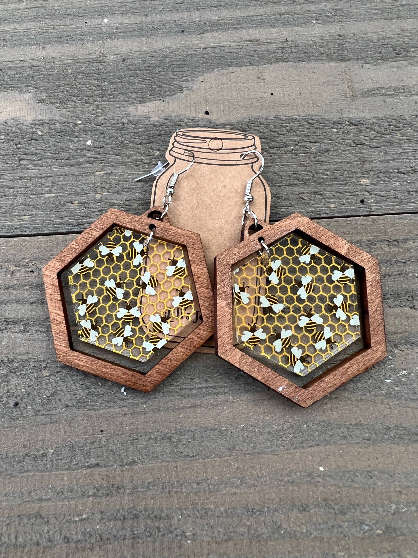 Bee Honeycomb Clear Acrylic Hexagon Wood Earrings
