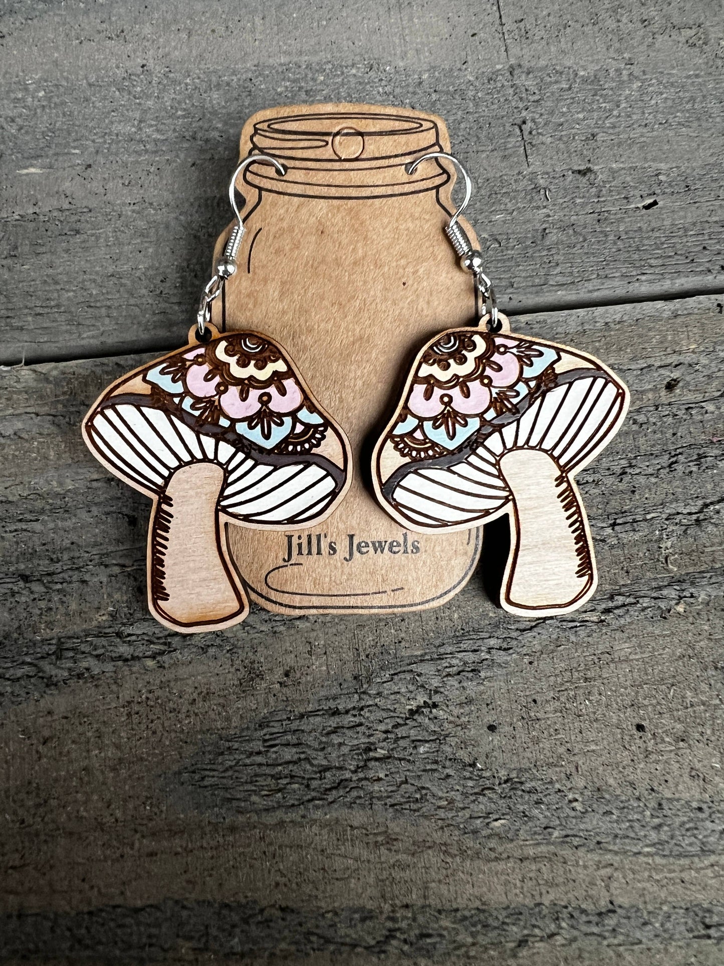Boho Pastel Mushroom Hand Painted Wood Cutout Earrings