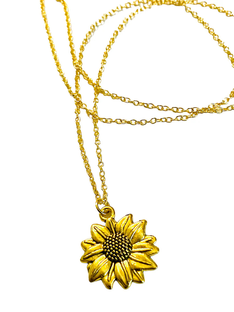 Gold Sunflower Pendant Charm Necklace on Sunflower Card