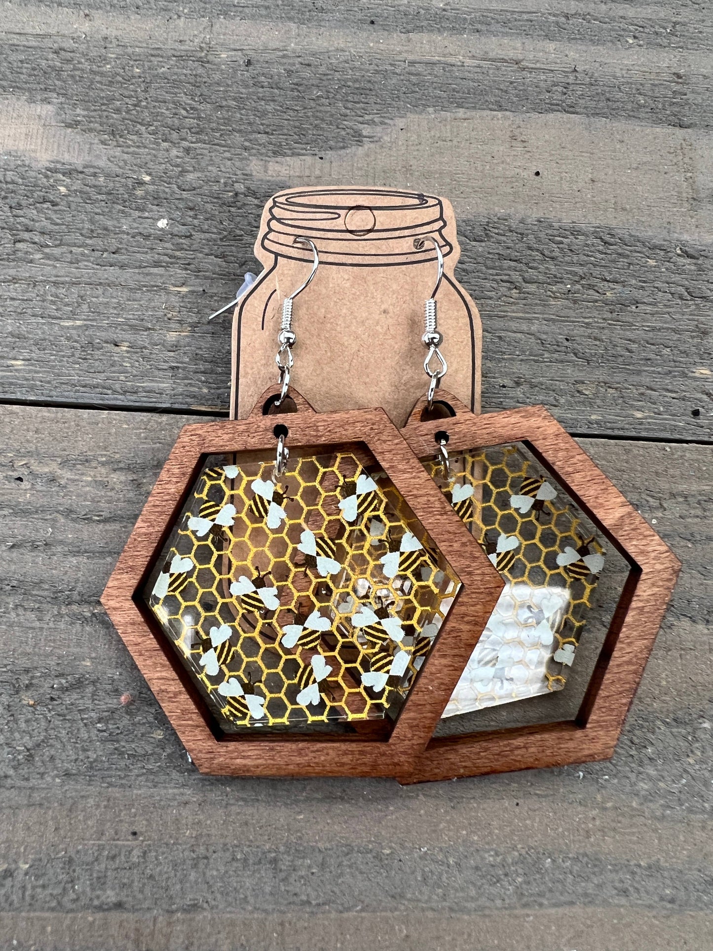 Bee Honeycomb Clear Acrylic Hexagon Wood Earrings