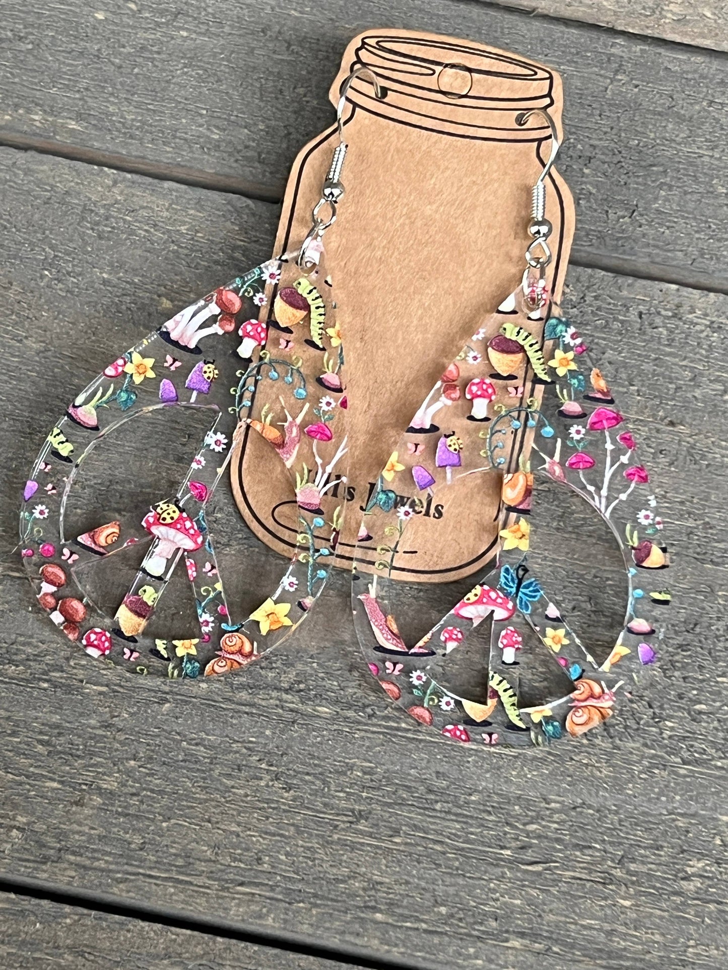 Peace Sign Mushroom Boho Teardrop Acrylic Earrings