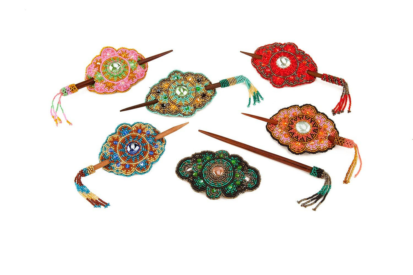 Large Beaded Mandala Barrette Seed Bead Fringe Hair Stick