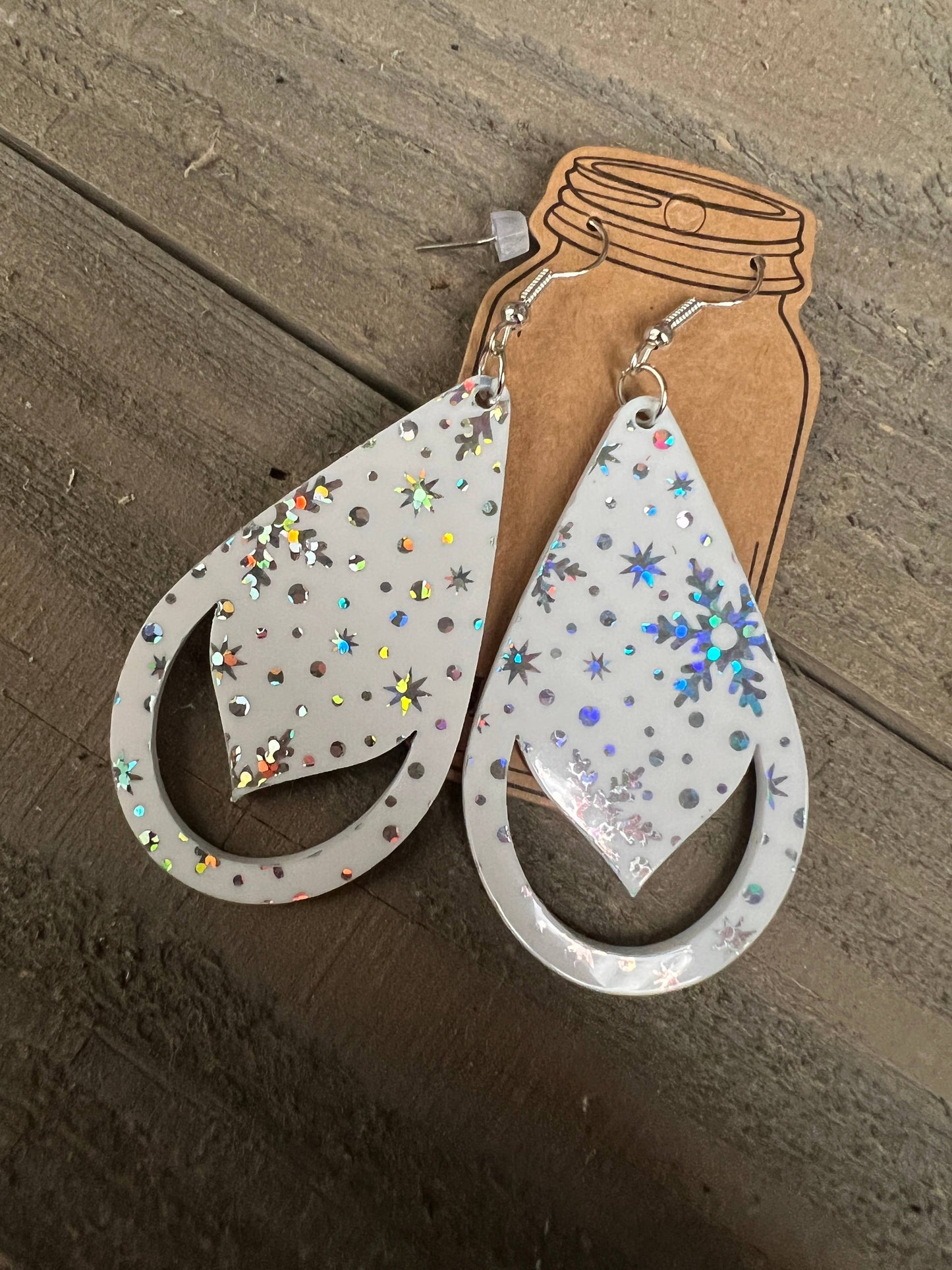 White Holographic Snowflake Teardrop Acrylic Earrings