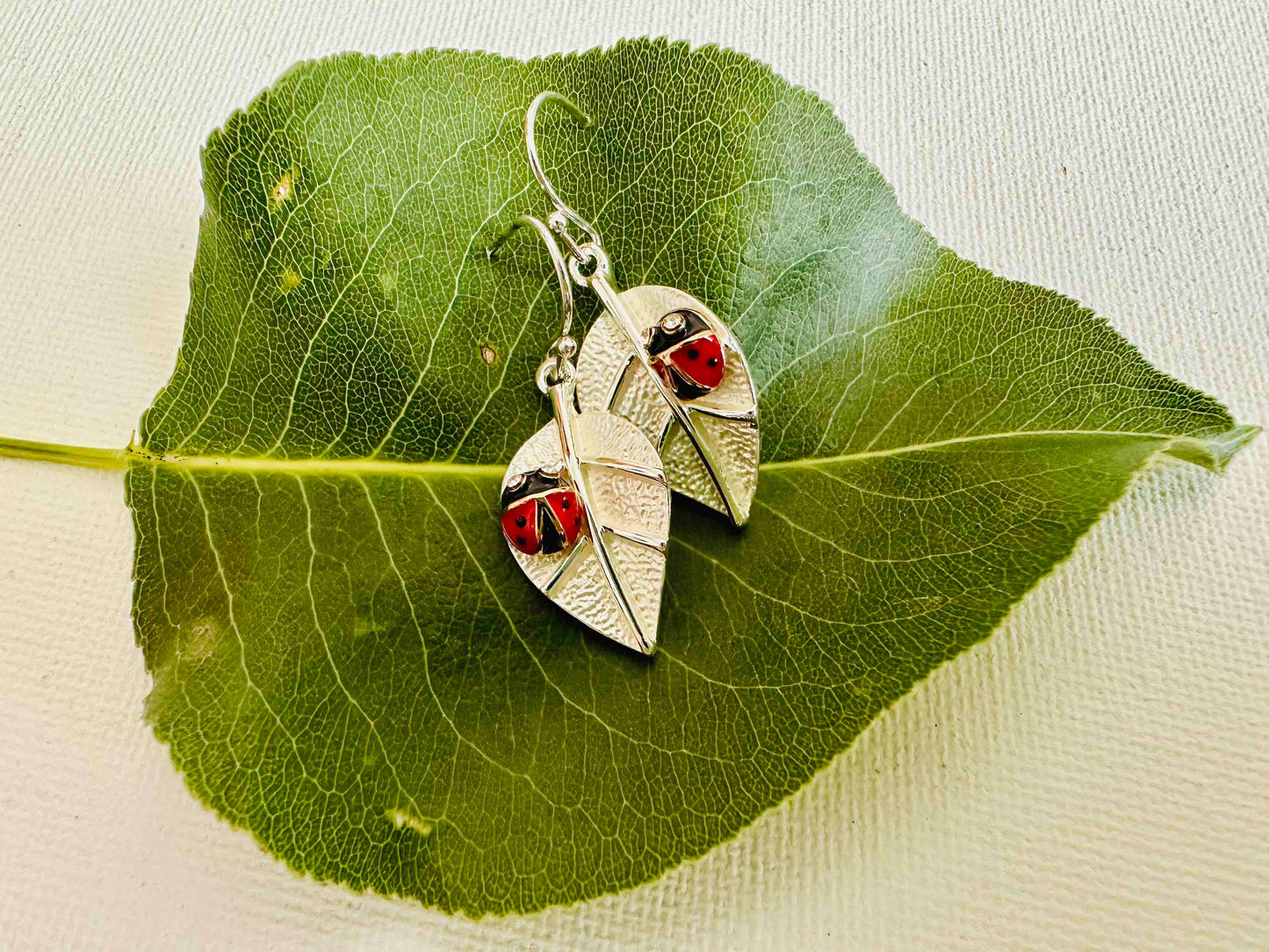 Ladybug on Leaf Earrings / Drop Wire on CARD Jewelry