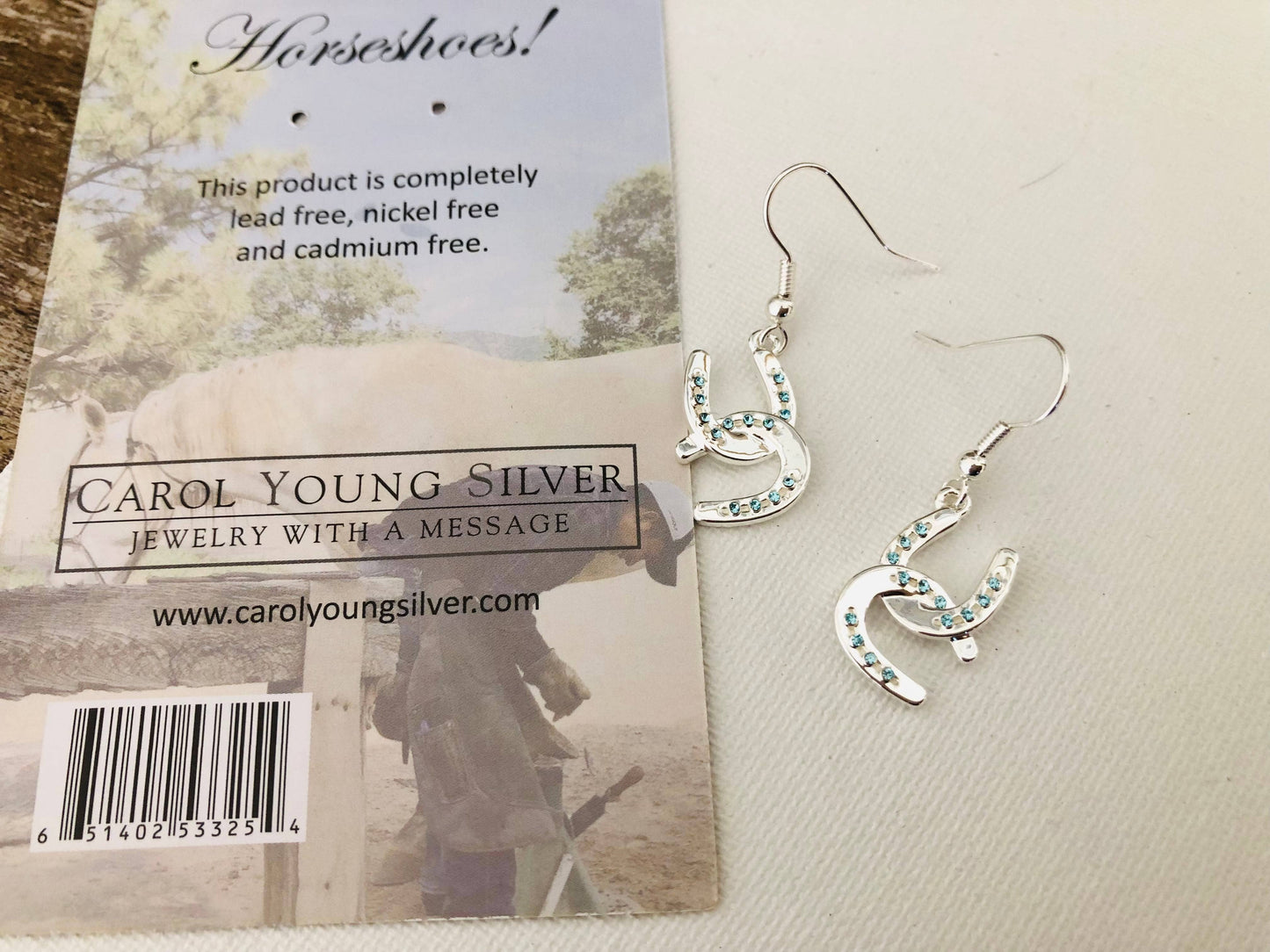 Horseshoe w/aqua crystals Earrings/Wire Jewelry