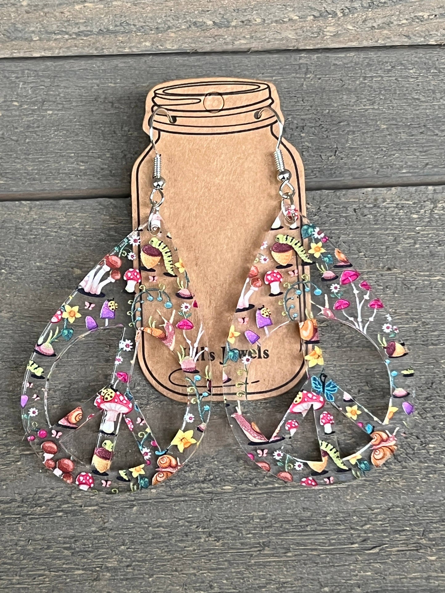 Peace Sign Mushroom Boho Teardrop Acrylic Earrings