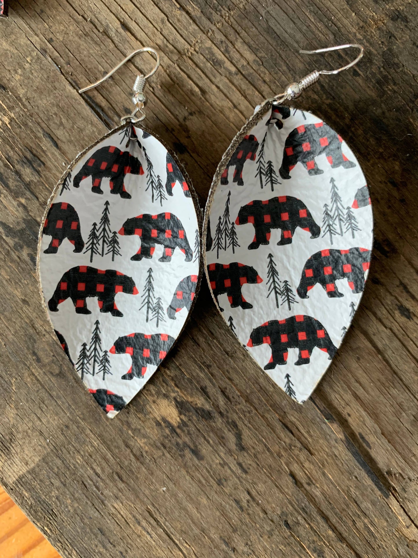 Buffalo Plaid Bear Leather Earrings