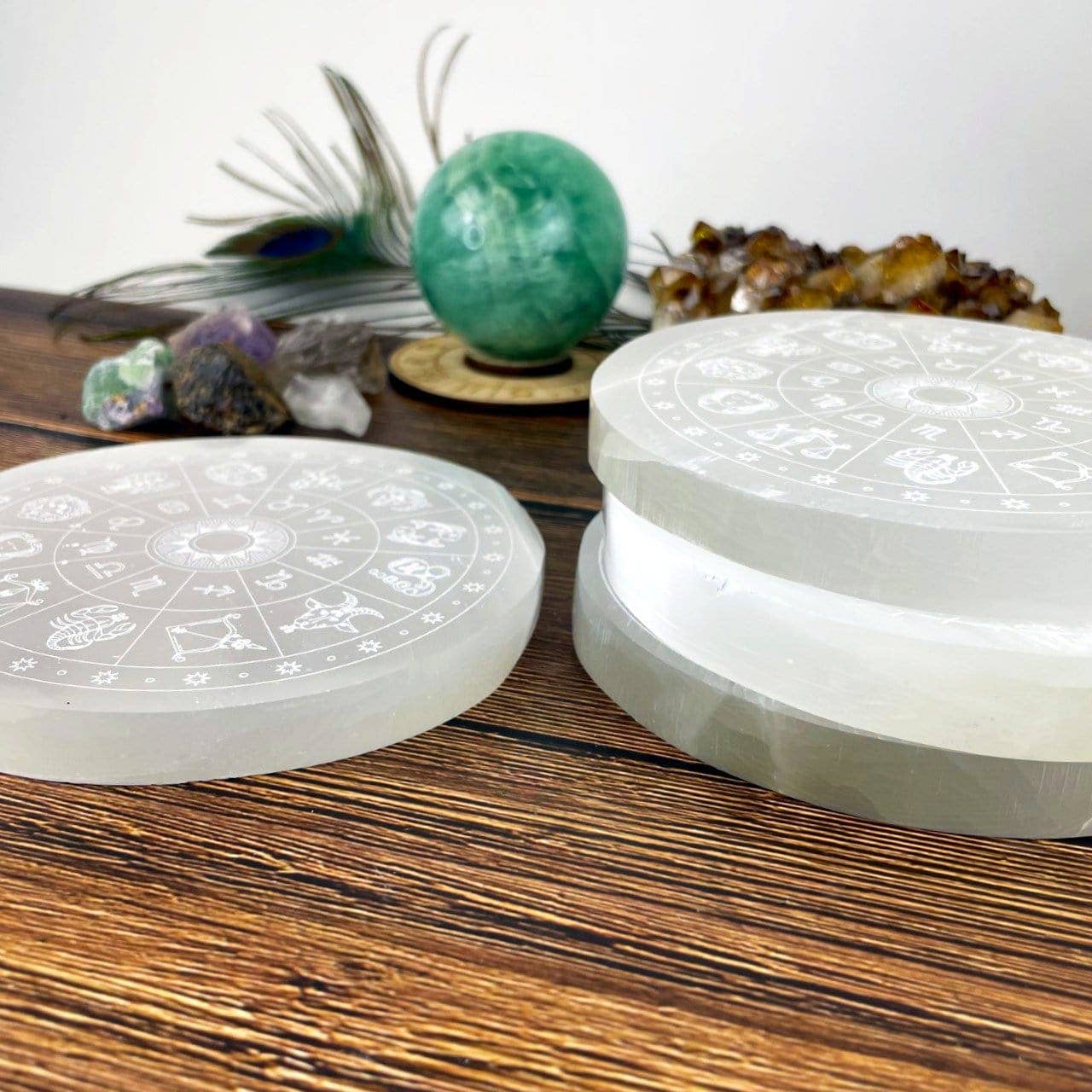 Crystal Selenite Charging Plate with Engraved Zodiac Signs