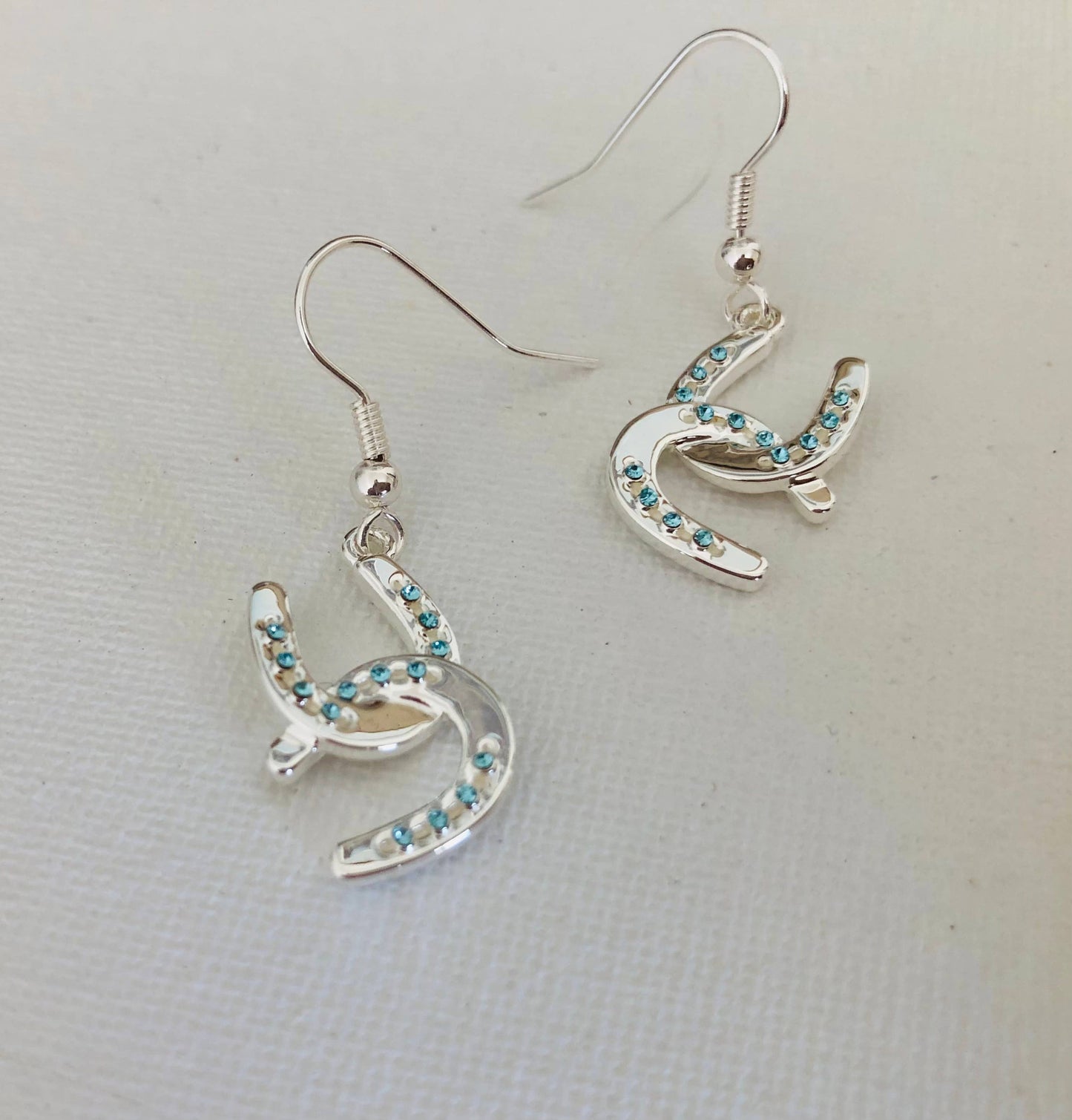 Horseshoe w/aqua crystals Earrings/Wire Jewelry