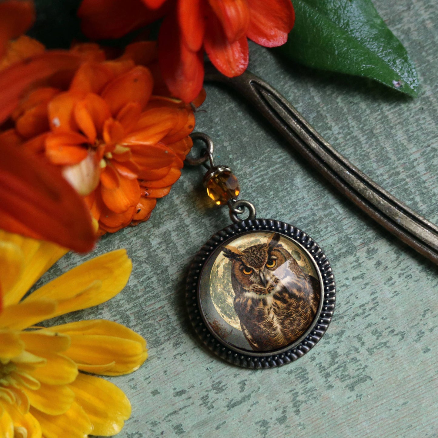 Victorian Owl Bronze and Glass Cabochon Bookmark
