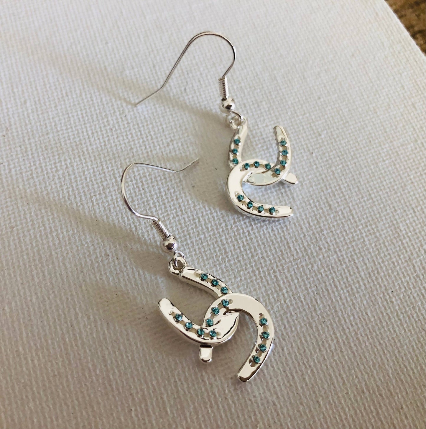 Horseshoe w/aqua crystals Earrings/Wire Jewelry