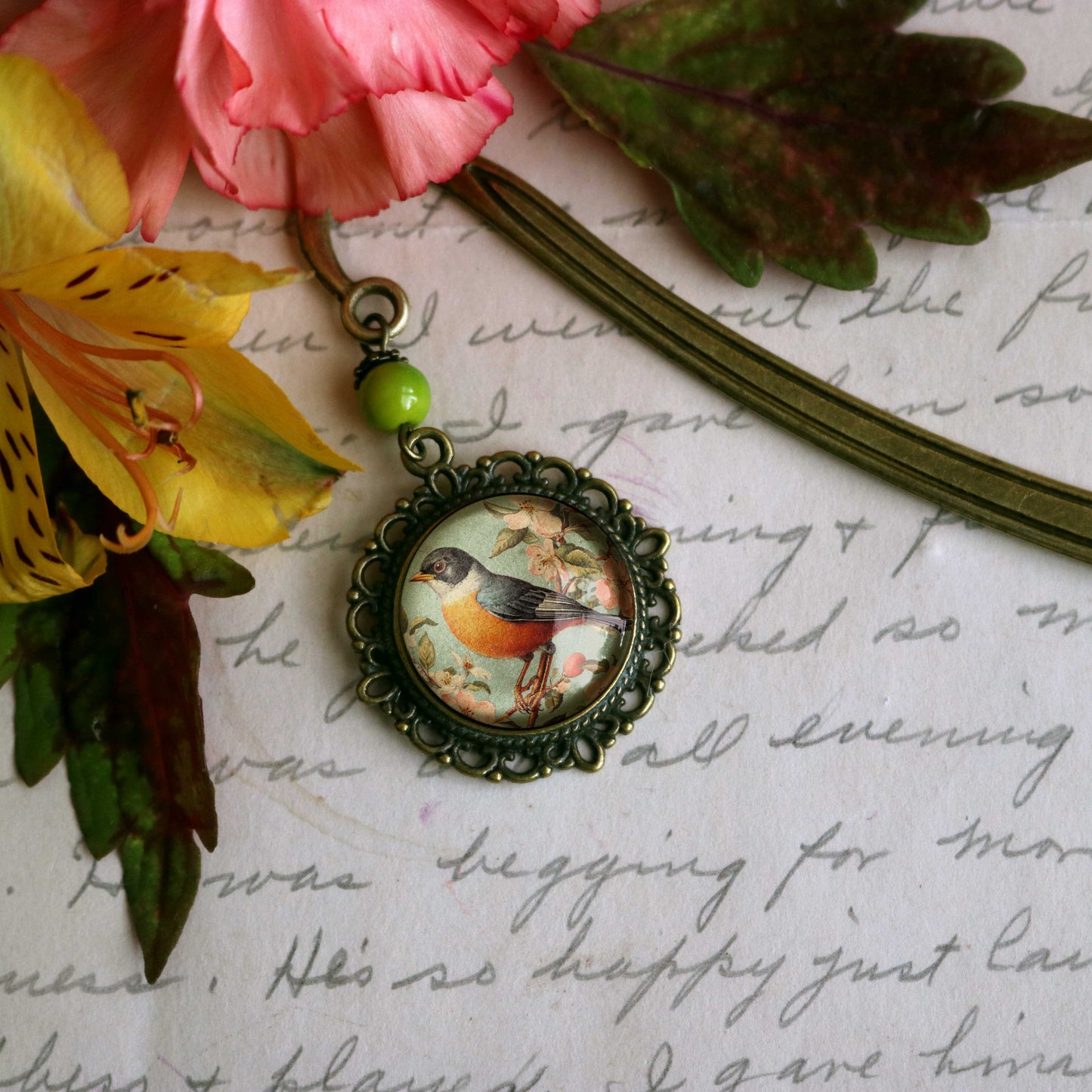 Vintage Robin Bronze and Glass Spring Bookmark