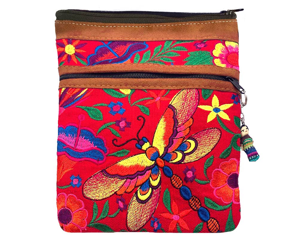 Embroidered Dragonfly Leather Crossbody Purse Passport Bag