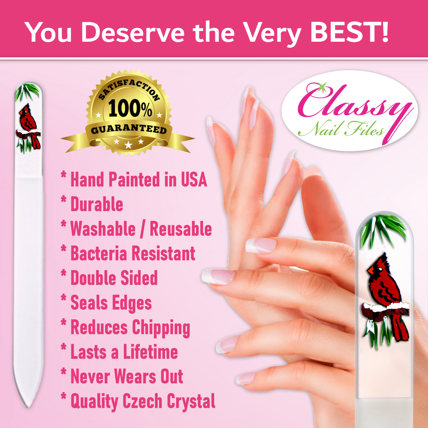 Cardinal Bird Snow Hand Painted Czech Crystal Nail File