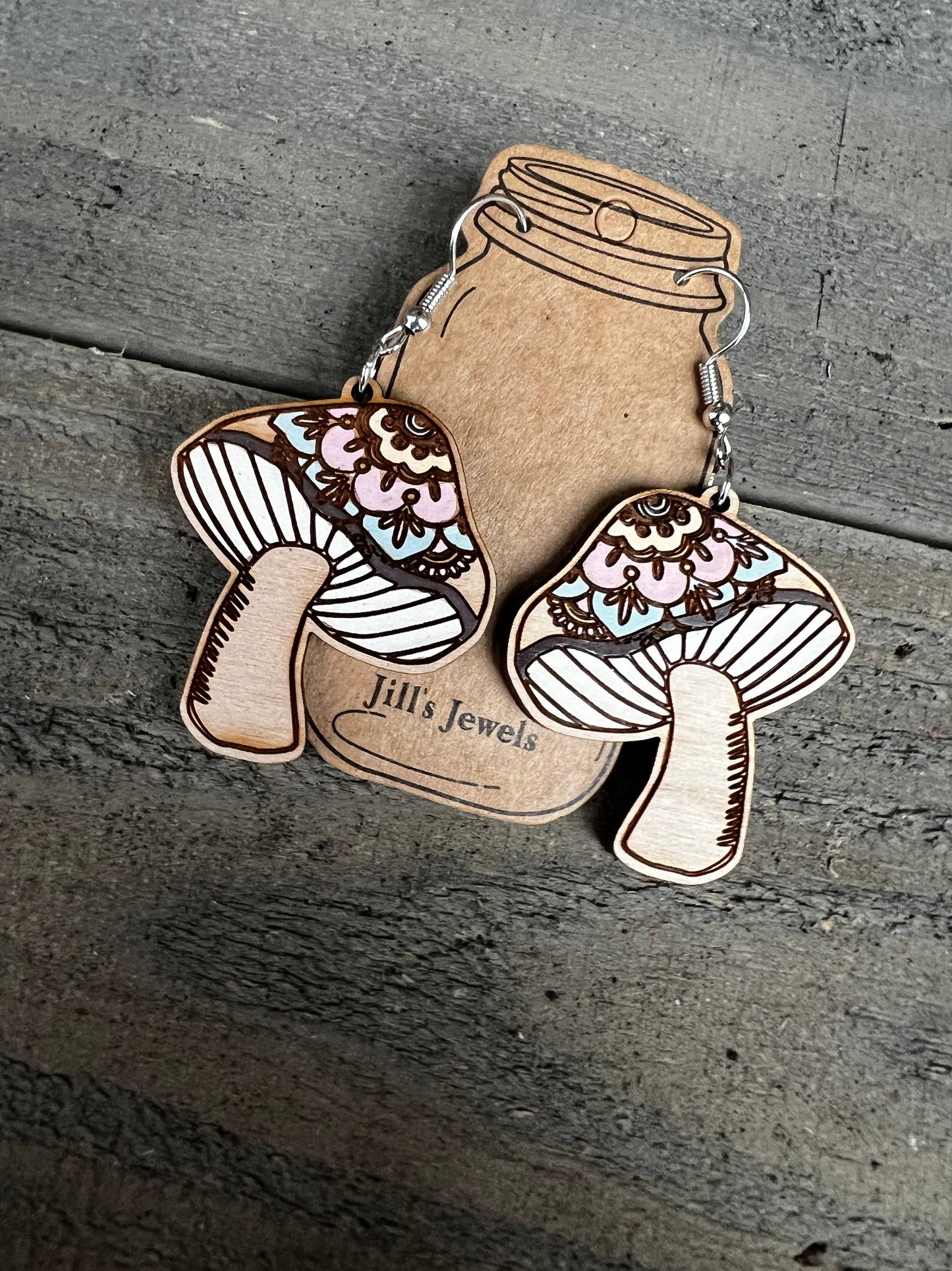 Boho Pastel Mushroom Hand Painted Wood Cutout Earrings
