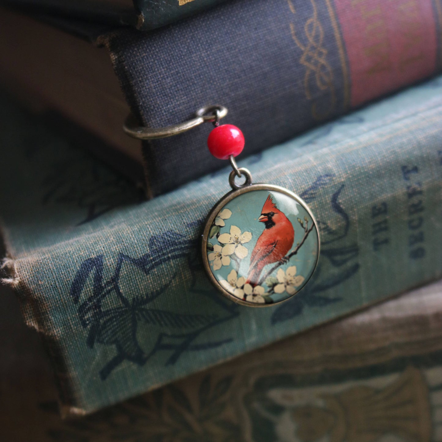 Vintage Cardinal Bronze and Glass Bookmark