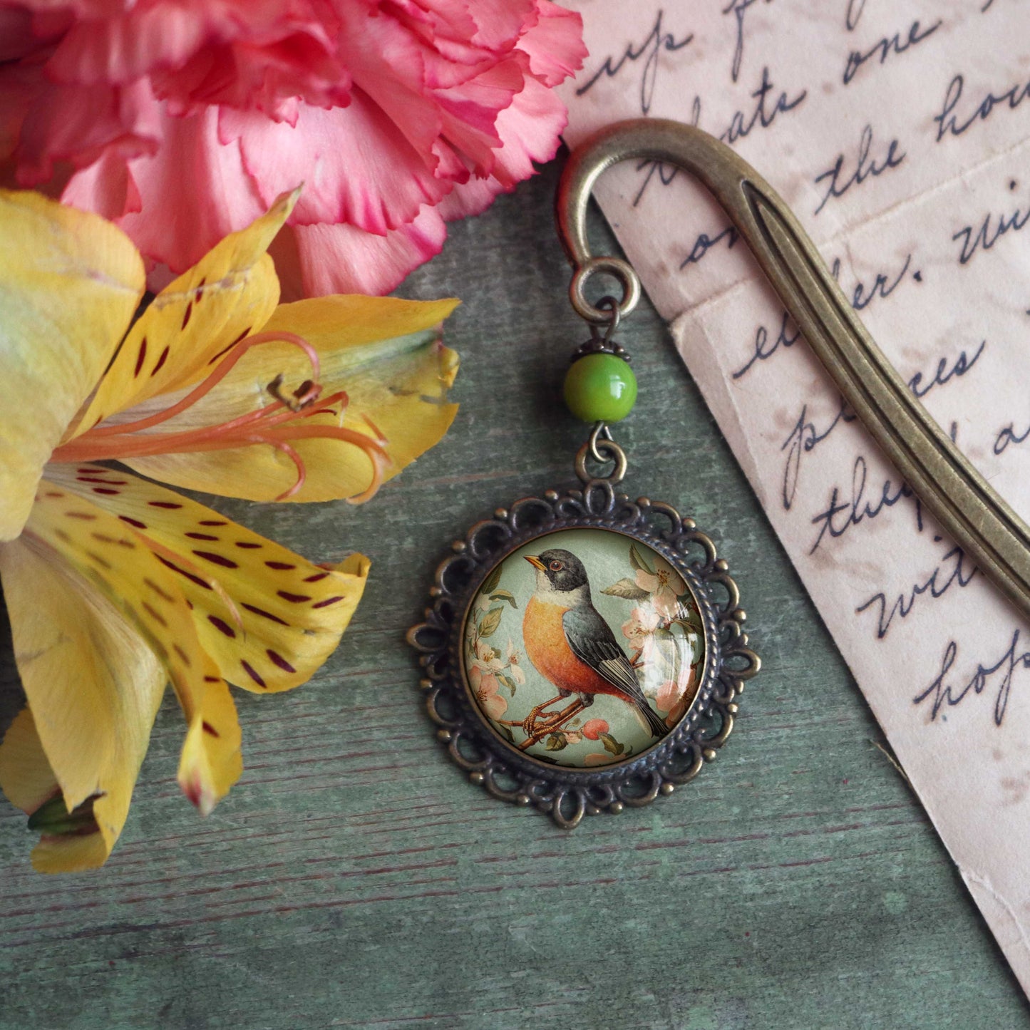 Vintage Robin Bronze and Glass Spring Bookmark