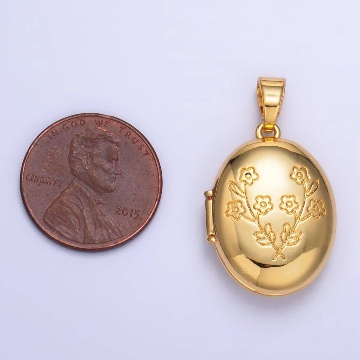 24K Gold Filled Dual Flower Engraved Oval Locket Pendant in Gold & Silver | AA1007