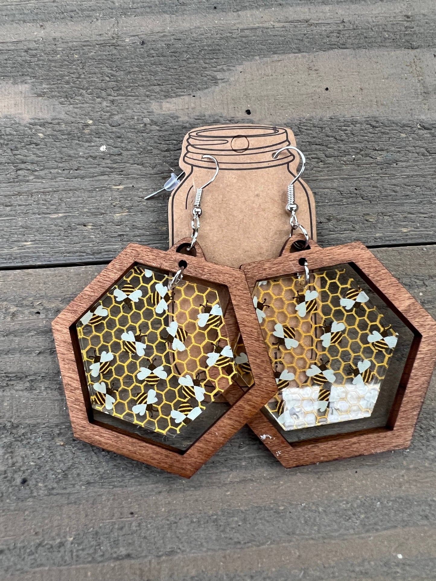 Bee Honeycomb Clear Acrylic Hexagon Wood Earrings
