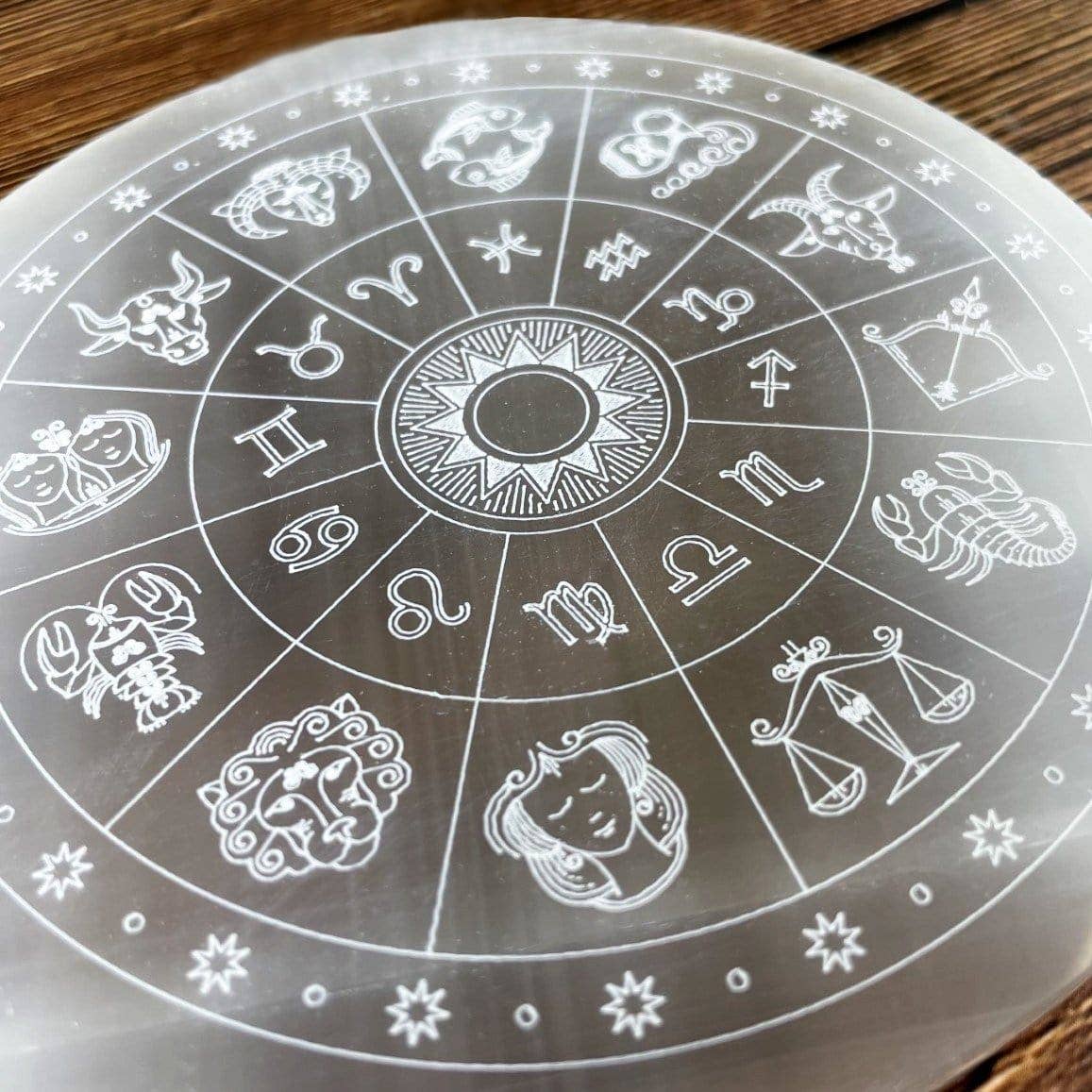 Crystal Selenite Charging Plate with Engraved Zodiac Signs