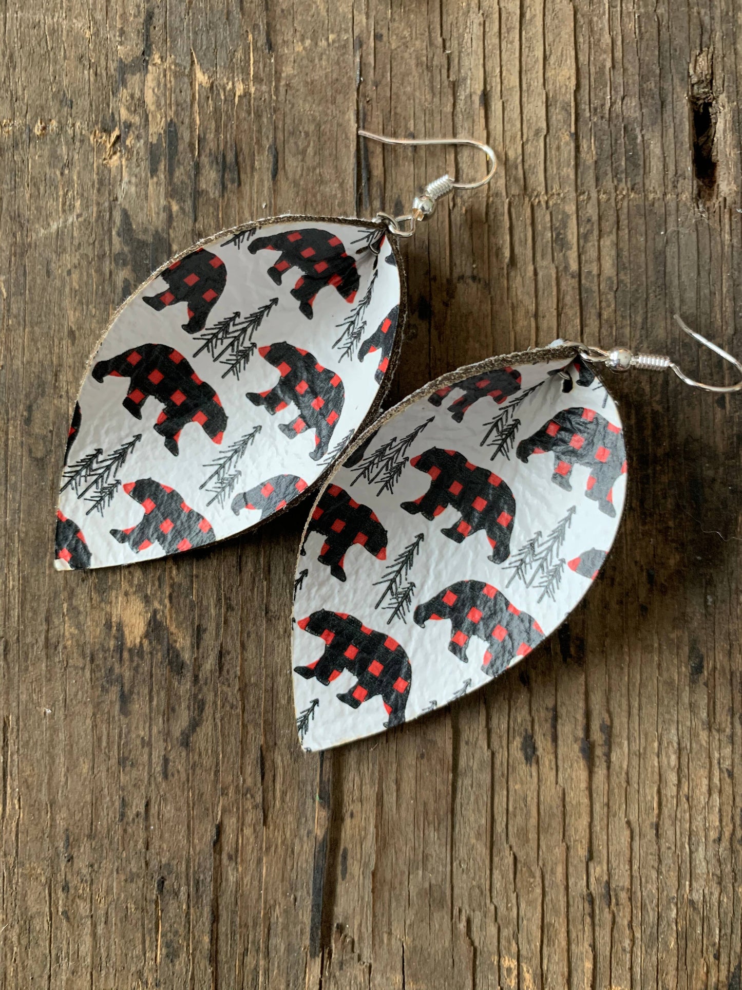 Buffalo Plaid Bear Leather Earrings
