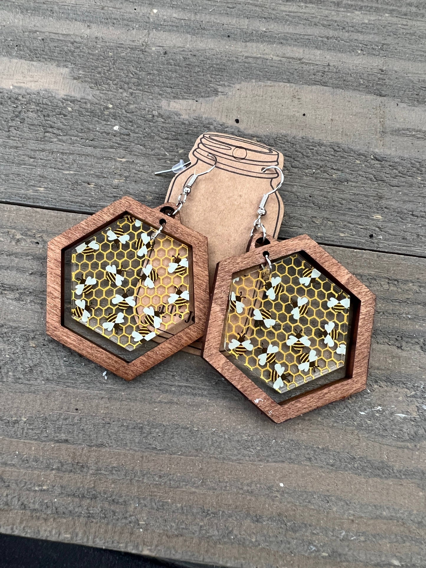 Bee Honeycomb Clear Acrylic Hexagon Wood Earrings