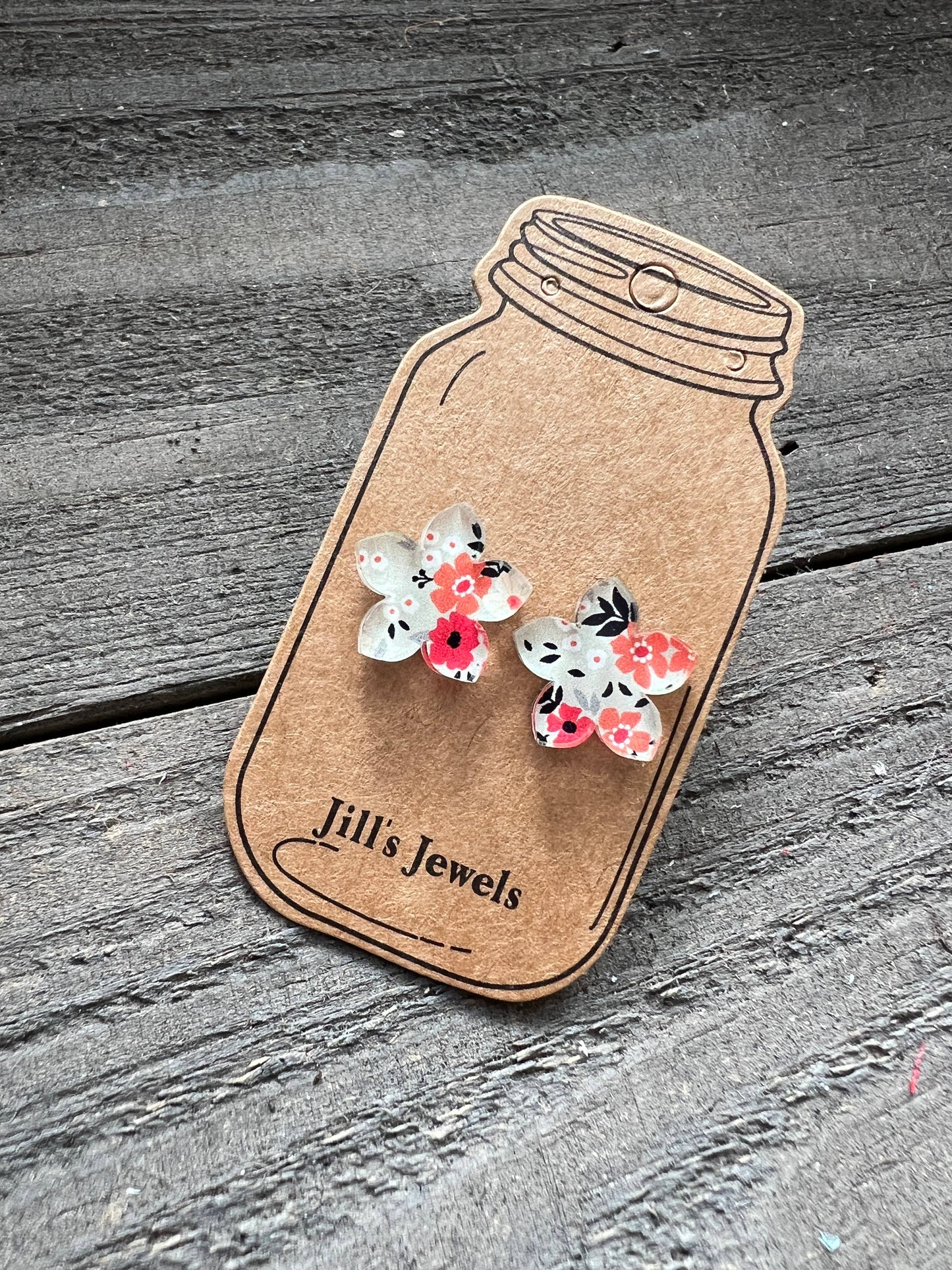 Boho Grey and Orange Floral Acrylic Floral Stud Earrings