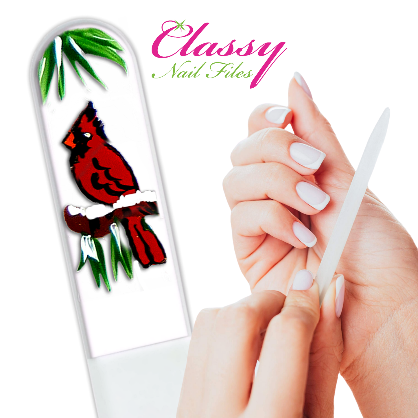 Cardinal Bird Snow Hand Painted Czech Crystal Nail File