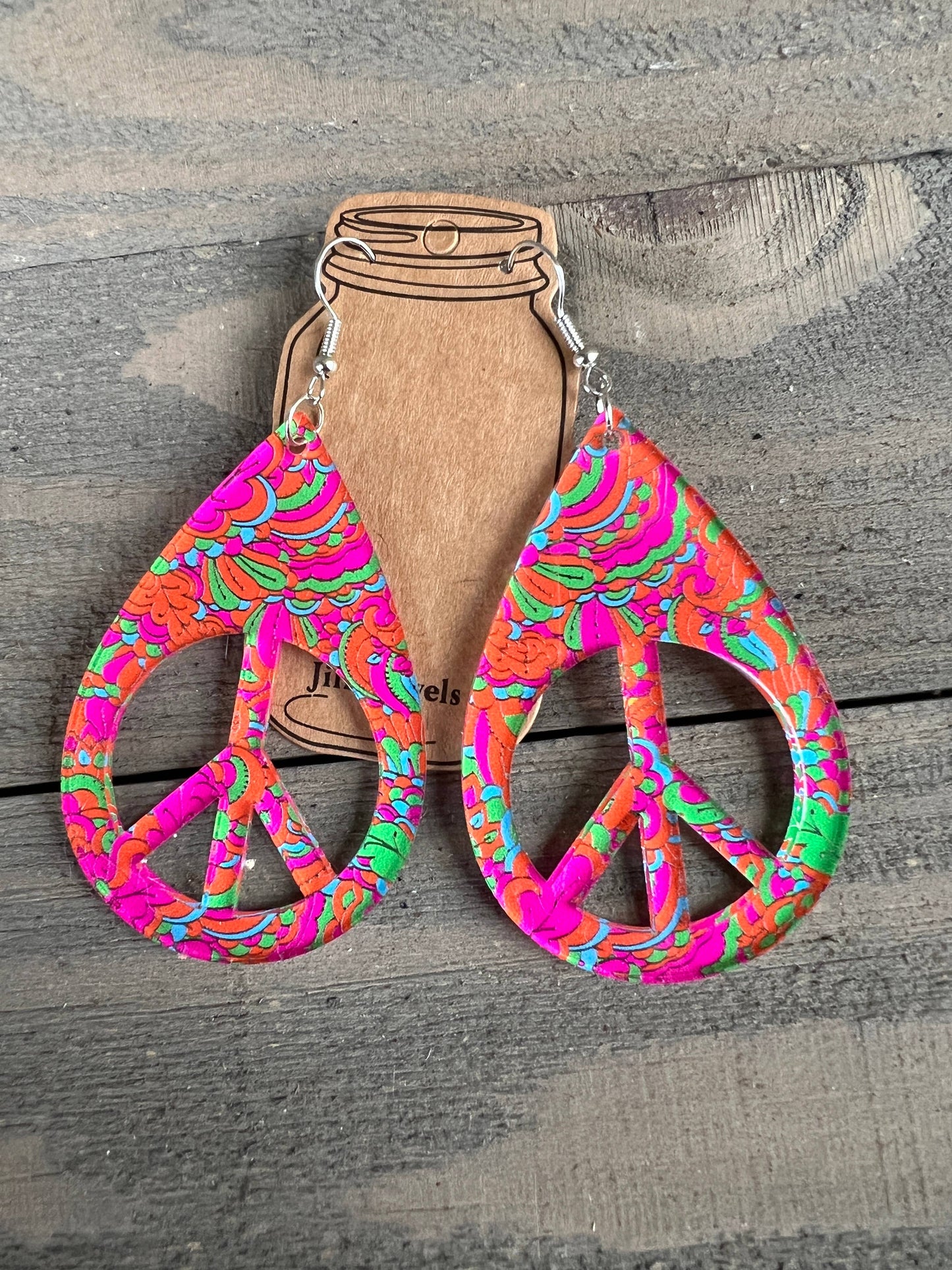 Peace Sign Orange Pink Swirl Hippy Acrylic Earrings