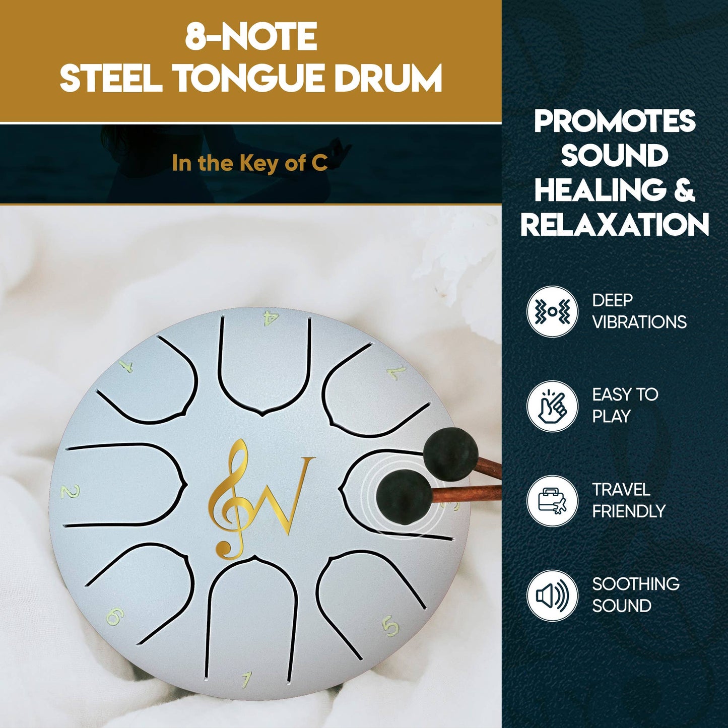6-Inch 8-Notes Steel Tongue Drum Meditation Rain Drum - Black