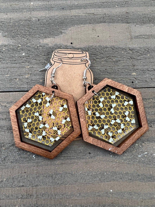 Bee Honeycomb Clear Acrylic Hexagon Wood Earrings