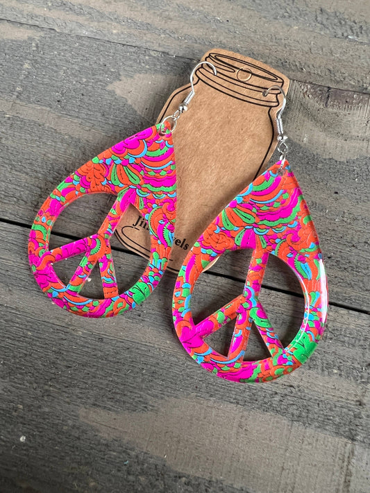 Peace Sign Orange Pink Swirl Hippy Acrylic Earrings