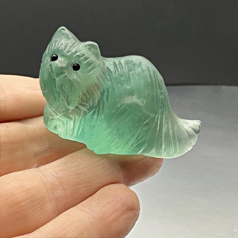 Fancy Long Hair Cat Carving - Green Fluorite