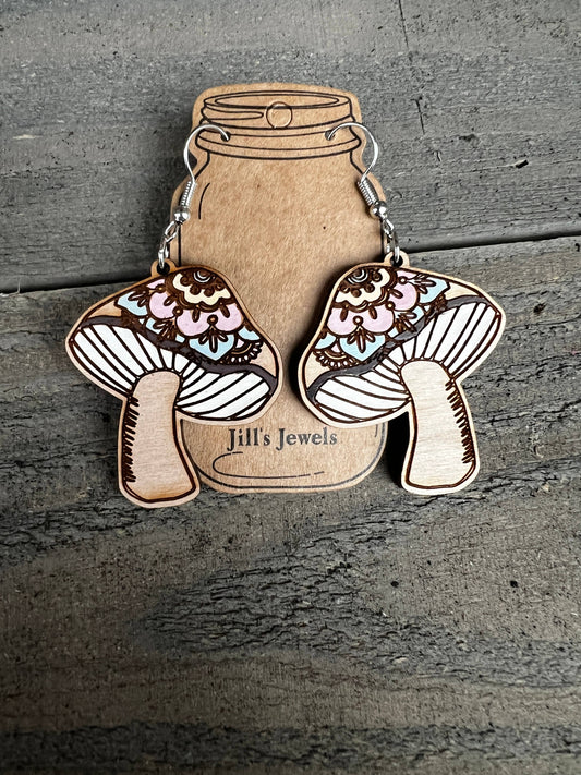 Boho Pastel Mushroom Hand Painted Wood Cutout Earrings