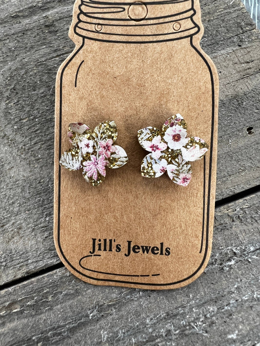 Gold Boho Pink Acrylic Floral Stud Earrings