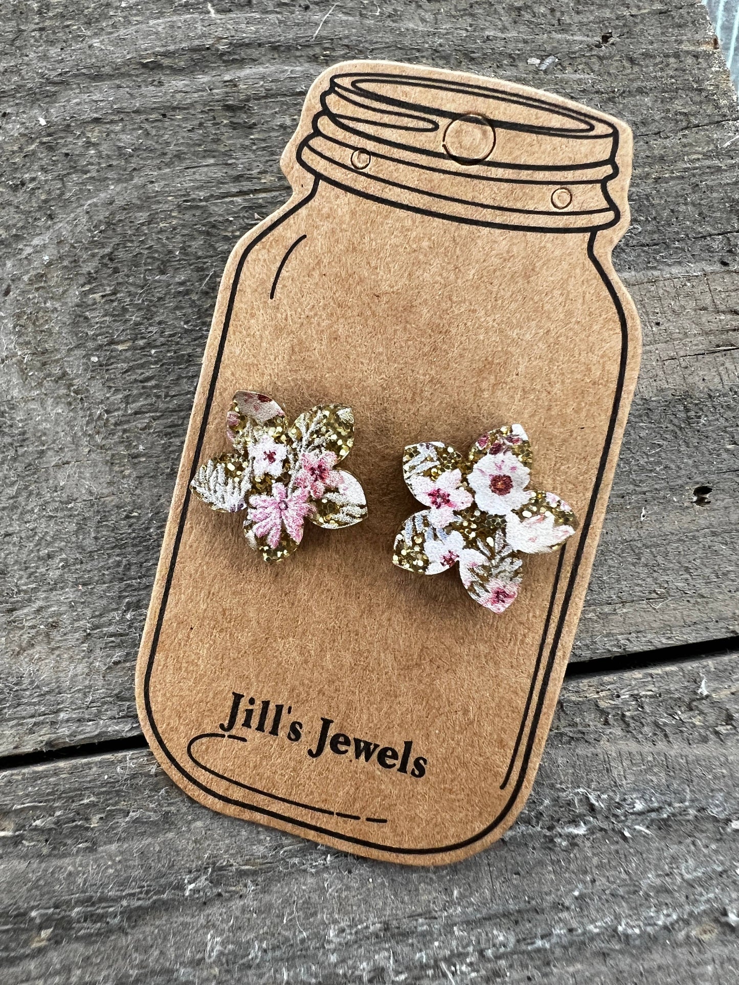 Gold Boho Pink Acrylic Floral Stud Earrings