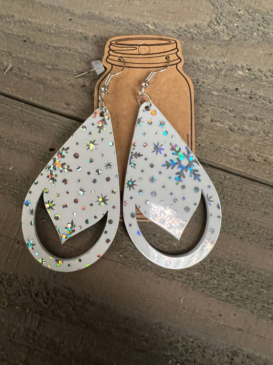White Holographic Snowflake Teardrop Acrylic Earrings
