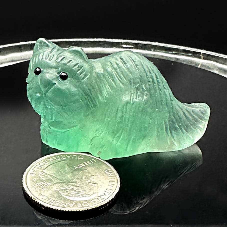 Fancy Long Hair Cat Carving - Green Fluorite