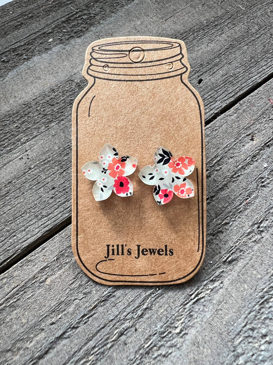Boho Grey and Orange Floral Acrylic Floral Stud Earrings 