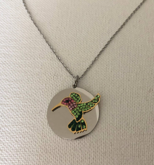 Hummingbird Petite BLING on Disk Necklace