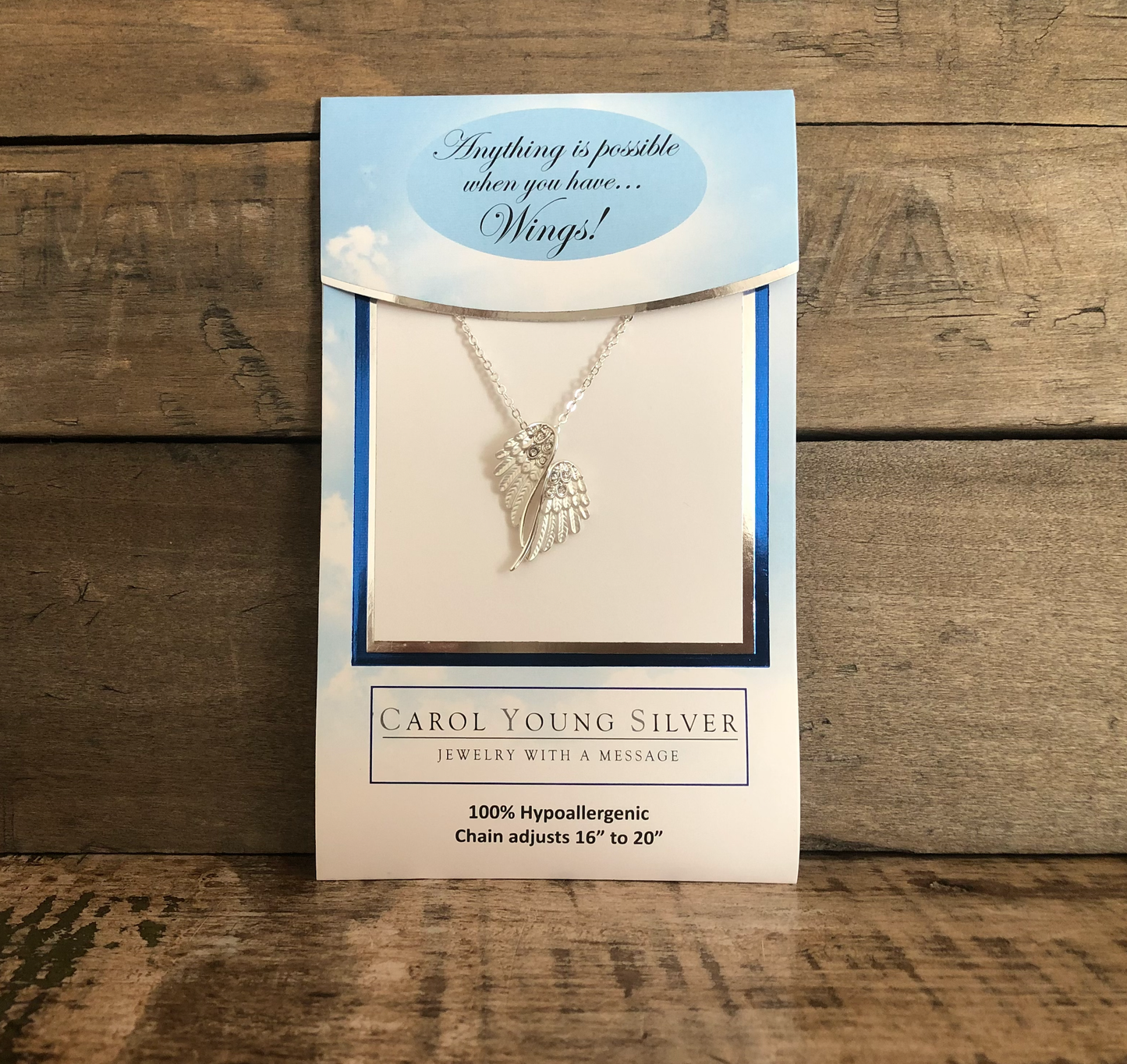 Angel Wings Necklace/Petite, Silver Tone on CARD/Jewelry