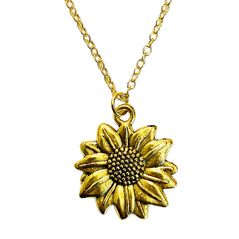 Gold Sunflower Pendant Charm Necklace on Sunflower Card