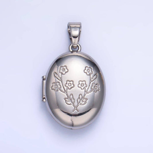 24K Gold Filled Dual Flower Engraved Oval Locket Pendant in Gold & Silver | AA1007