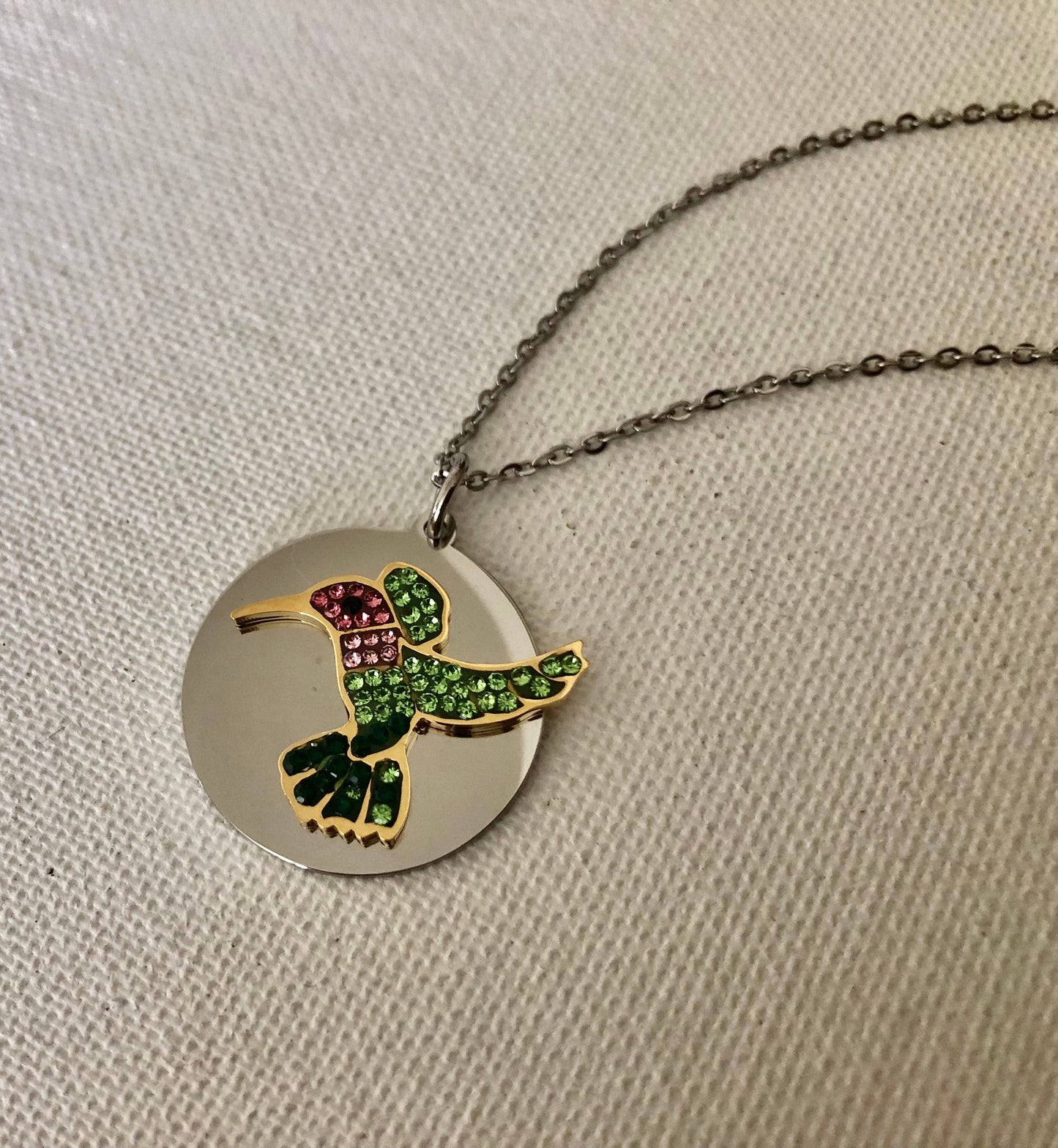 Hummingbird Petite BLING on Disk Necklace